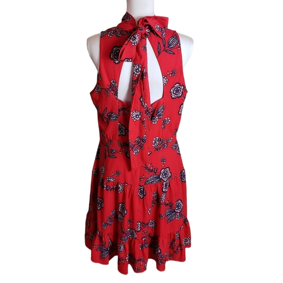 Eliza J Red Floral Print Mini Dress Size 14 Mock Neck Open Back Bow Feminine - Picture 5 of 15